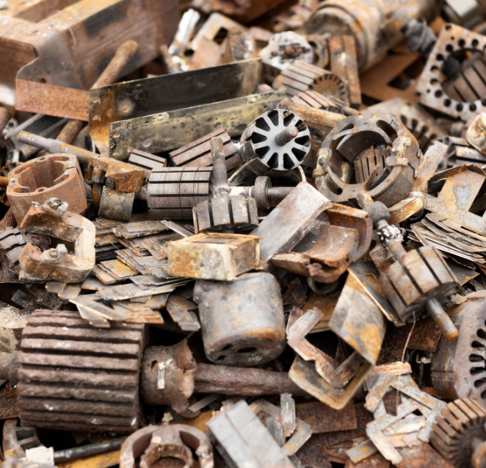 Cluttered garage filled with old furniture, household items, boxes, and accumulated debris.