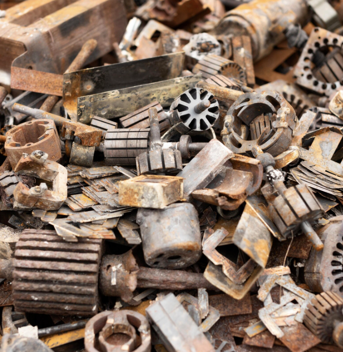 Cluttered garage filled with old furniture, household items, boxes, and accumulated debris.